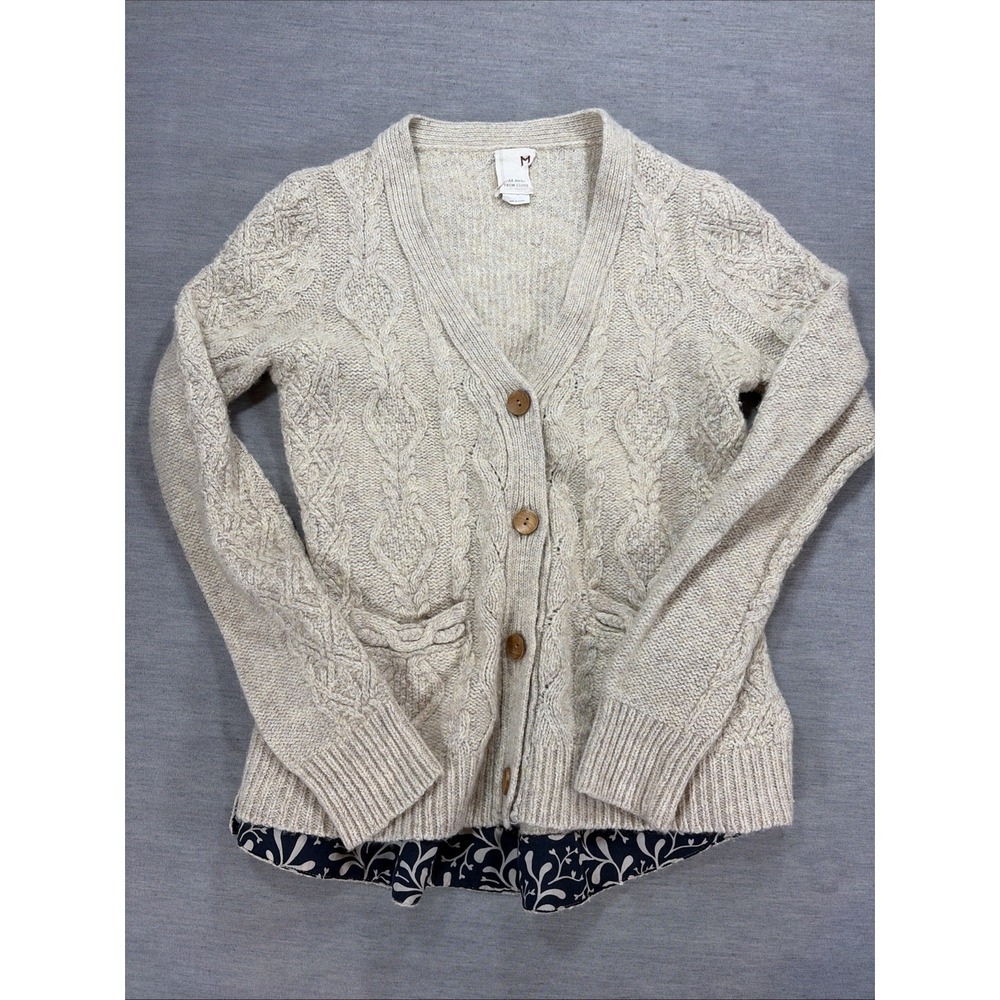 Anthropologie Far Away From Close Cable Knit Cream Wool Cardigan Button M *Read